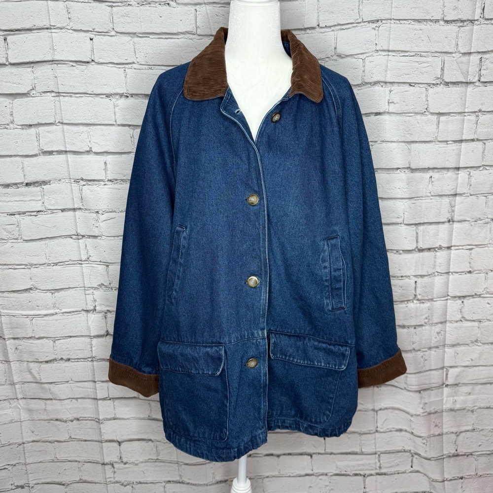 Vintage Basic Editions Denim Chore Coat Barn Jacket 2X Plaid Lined Corduroy Trim - Picture 2 of 10